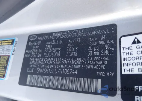 2007 Hyundai Santa Fe Limited/Se из США, поврежденный, VIN 5NMSH13E07H109244